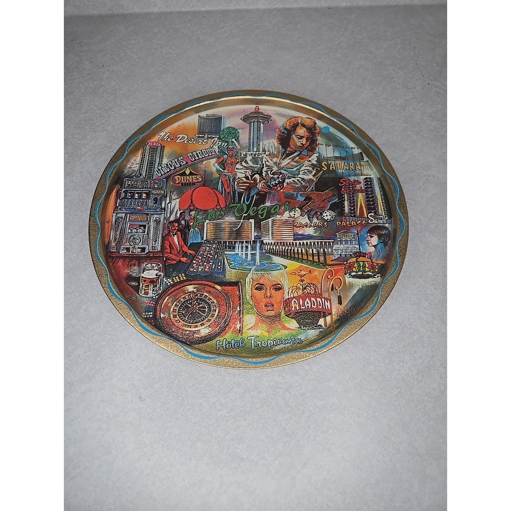 Vintage 1970s Las‎ Vegas Collage Souvenir Round Metal Tin Serving Bowl Nice